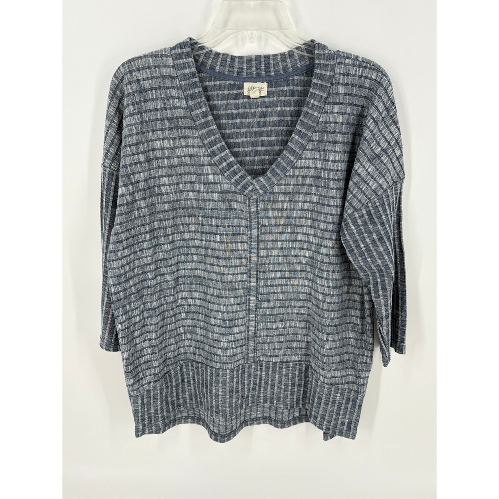 Greige Womens XL/TG Gray Striped V Neck 3/4 Sleeve Knit Top‎ Casual Blouse *